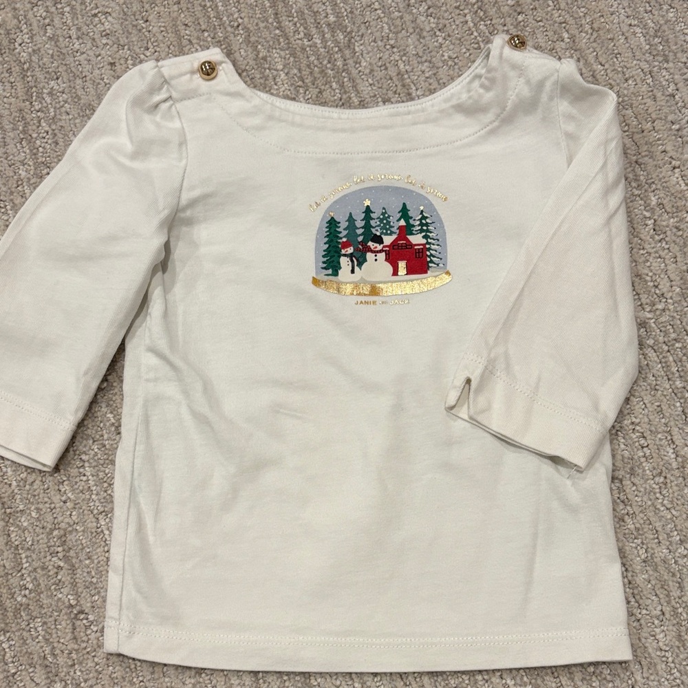 Janie and Jack Cream 3/4 Sleeve Tee with Holiday Scene
